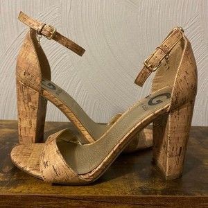 G by Guess Cork Block Heels w/Gold Brand Emblem, size US7